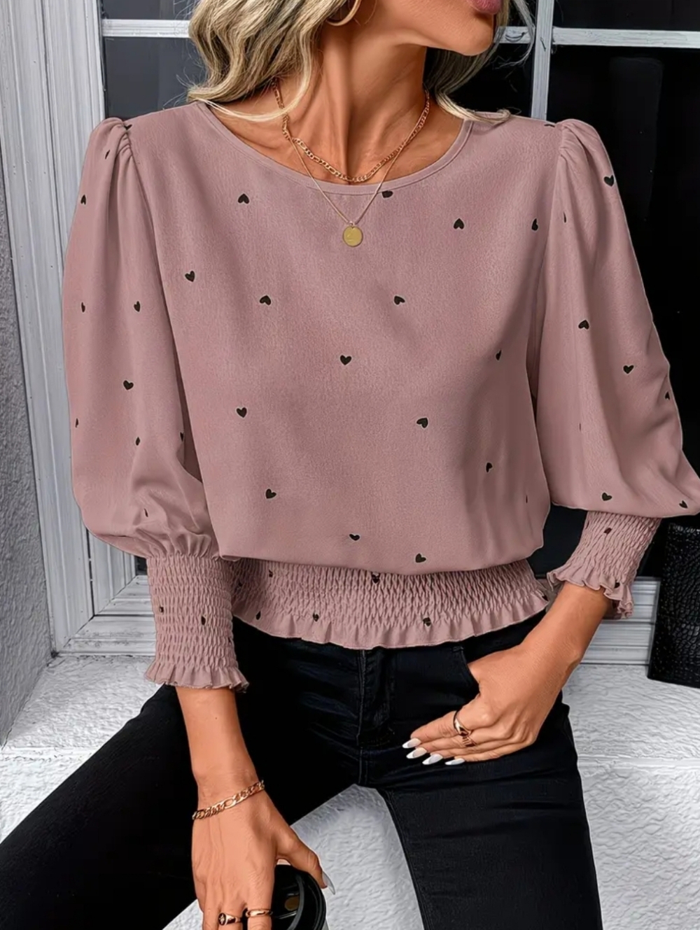 Dusty Pink Heart Print Blouse 🖤 Size XL - NWOT - Picture 1 of 6